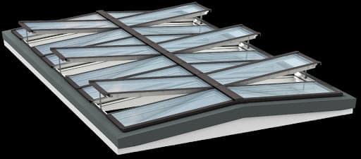 Lanterneau VMS à 2 pans à 5° avec traverses, aspect plan sur toit plat